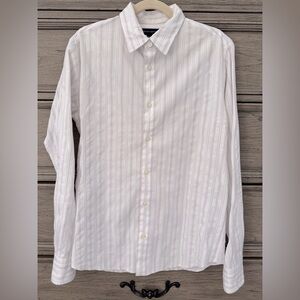 French Connection White Striped Dress Shirt Button Down Blue Pink Pinstripe